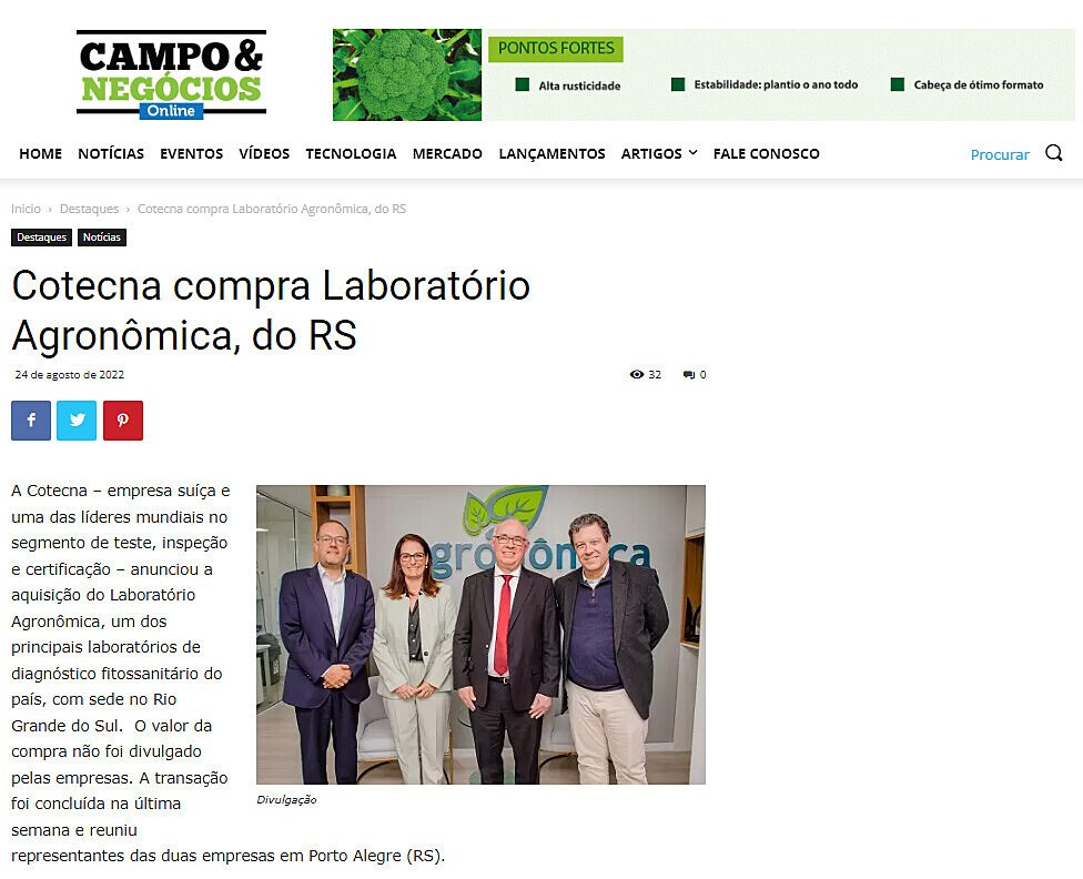 Cotecna compra Laboratrio Agronmica, do RS